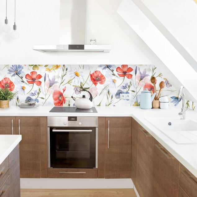 Küchenrückwand Muster Aquarellierter Mohn mit Kleeblatt