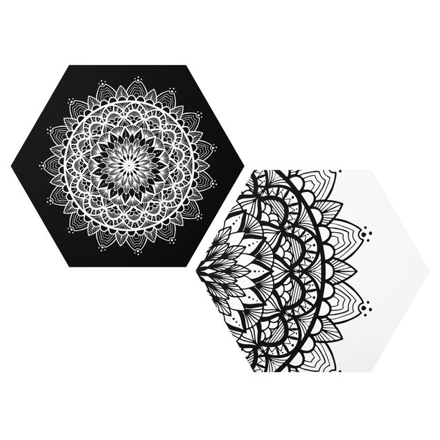 Hexagon Bild Forex 2-teilig - Mandala Illustration shabby Set schwarz weiß