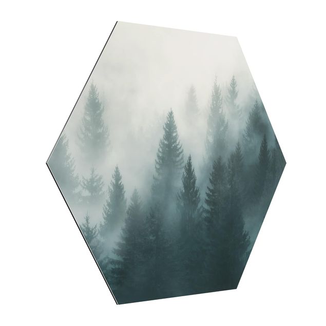 Hexagon Bild Alu-Dibond - Nadelwald im Nebel