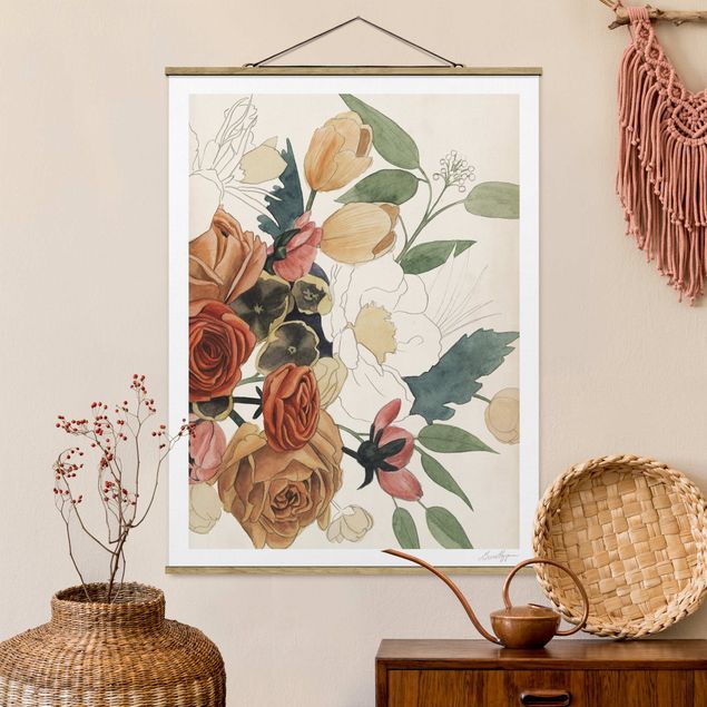 Schöne Wandbilder Zeichnung Blumenbouquet in Rot und Sepia II