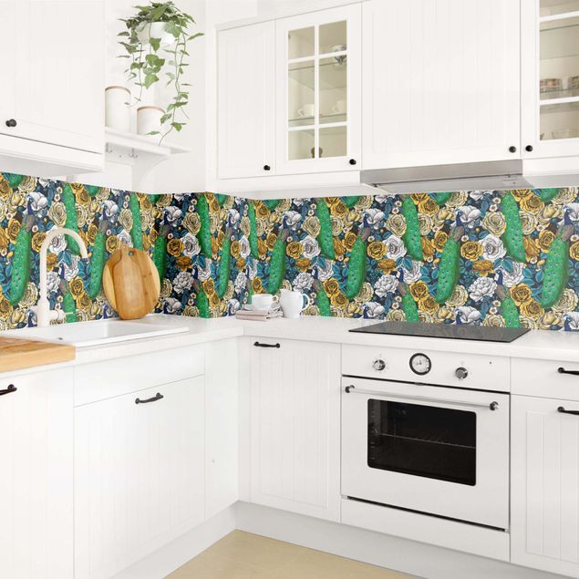 Küchenrückwand Muster Pfau mit Blüten