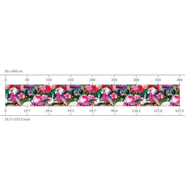 Klebe Dekorfolie Bunte Tropische Blumen mit Vögeln Pink II