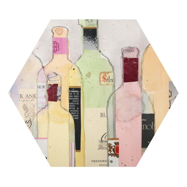 Hexagon Bild Alu-Dibond - Weinflaschen in Wasserfarbe I