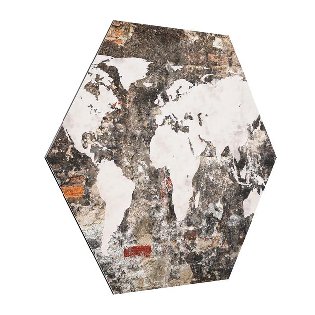 Hexagon Bild Alu-Dibond - Alte Mauer Weltkarte