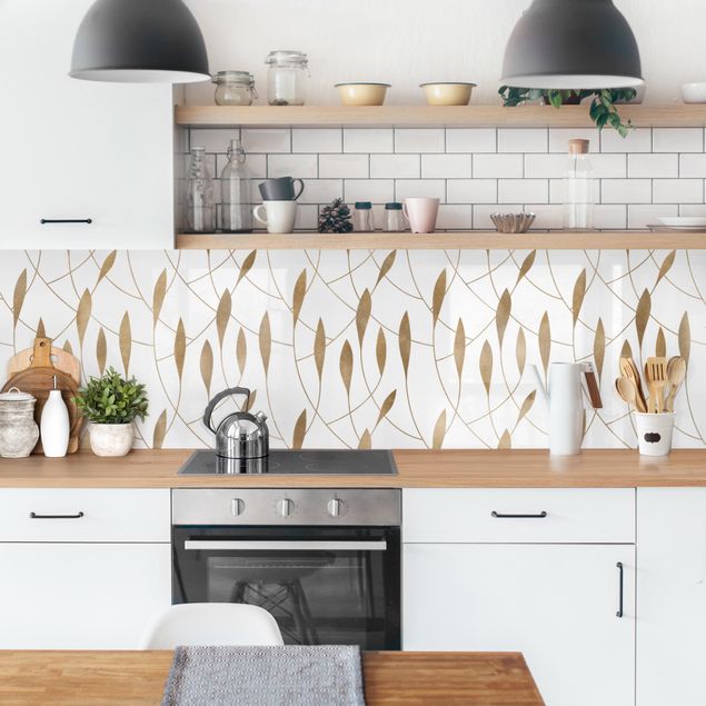 Küchenrückwand Schwarz-Weiß Natürliches Muster schwungvolle Blätter in Gold