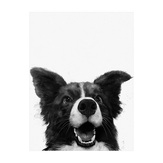 Teppich schwarz-weiß Illustration Hund Border Collie Schwarz Weiß Malerei