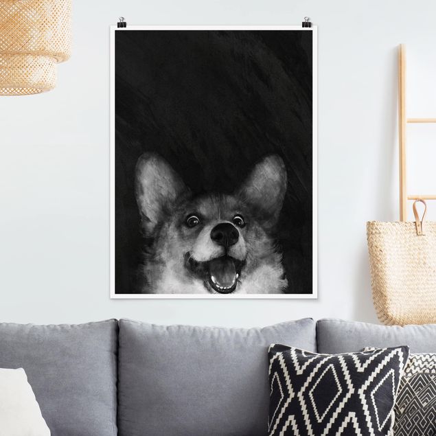 Poster Kinderzimmer Tiere Illustration Hund Corgi Malerei Schwarz Weiß
