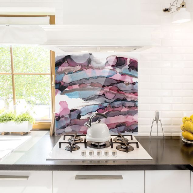Küchenrückwand Glas Muster Wellenreiten in Violett mit Roségold