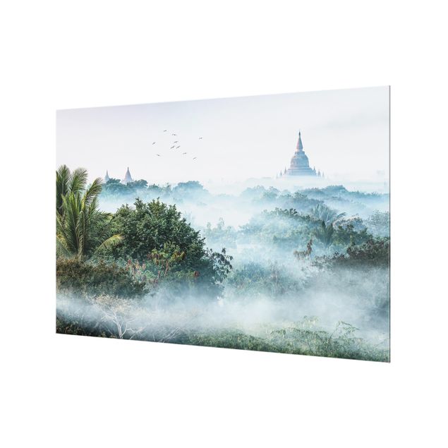 Spritzschutz Glas - Morgennebel über dem Dschungel von Bagan - Querformat 3:2