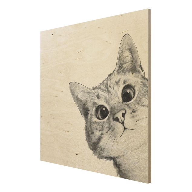 Holzbild - Illustration Katze Zeichnung Schwarz Weiß - Quadrat 1:1