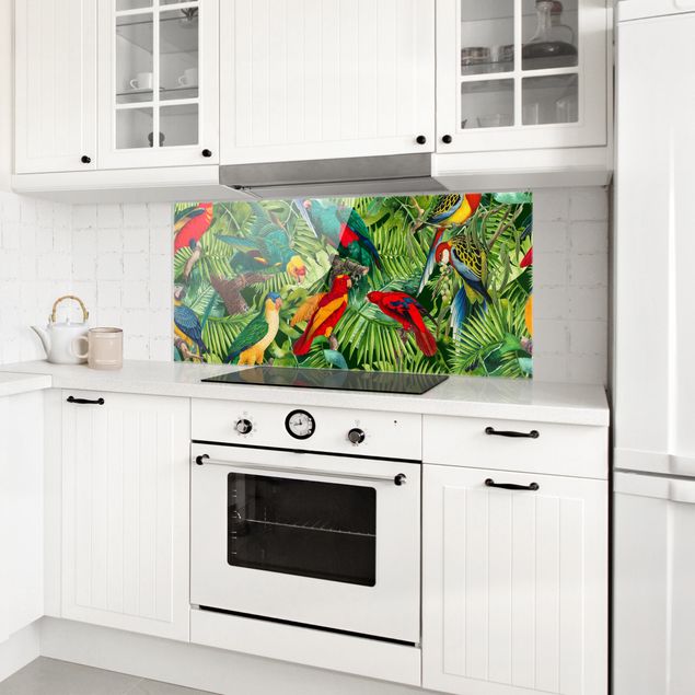 Küchenrückwand Glas Blumen Bunte Collage - Papageien im Dschungel