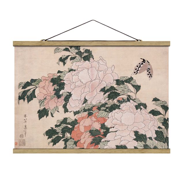 Stoffbilder zum Aufhängen Katsushika Hokusai - Rosa Pfingstrosen mit Schmetterling