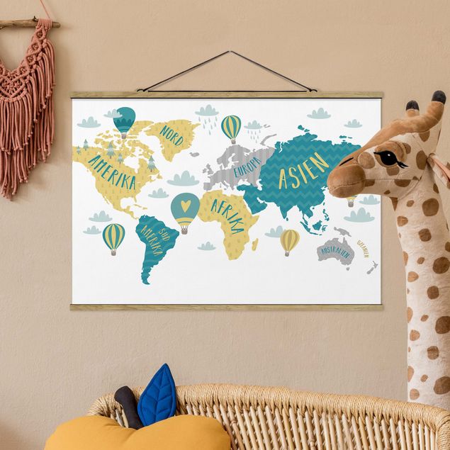 Stoffbilder mit Holzleisten Weltkarte mit Heißluftballon