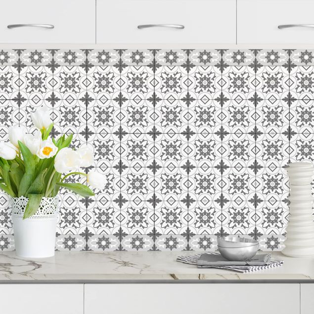 Küchenrückwände Platte Geometrischer Fliesenmix Blume Grau
