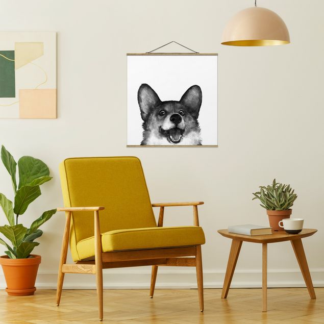 Stoffbilder mit Holzleisten Illustration Hund Corgi Weiß Schwarz Malerei