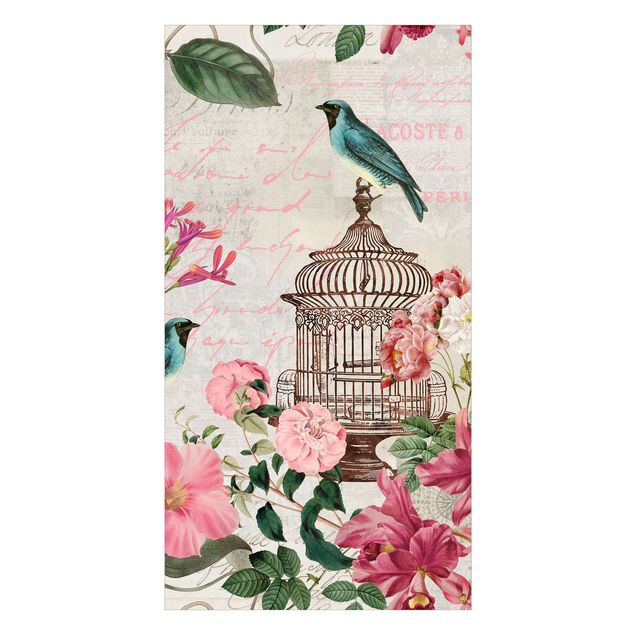 Duschrückwand - Shabby Chic Collage - Rosa Blüten und blaue Vögel
