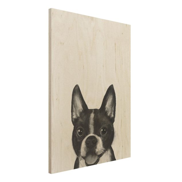 Holzbild - Illustration Hund Boston Schwarz Weiß Malerei - Hochformat 4:3