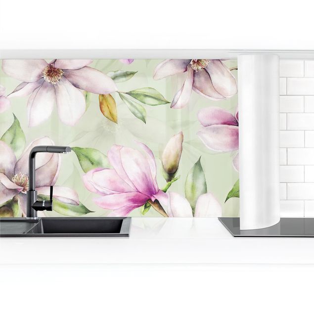Küchenrückwände selbstklebend Magnolien Illustration auf Mint