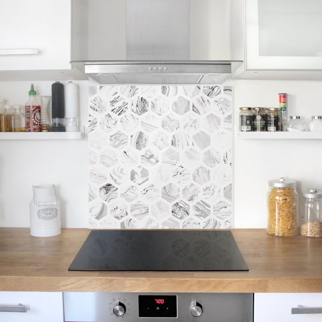 Spritzschutz Küche Steinoptik Marmor Hexagone in Graustufen