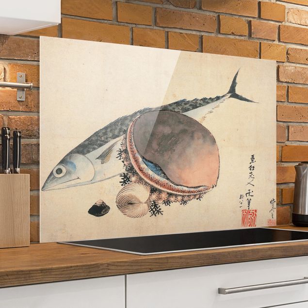 Spritzschutz Glas magnetisch Katsushika Hokusai - Makrele und Seemuscheln