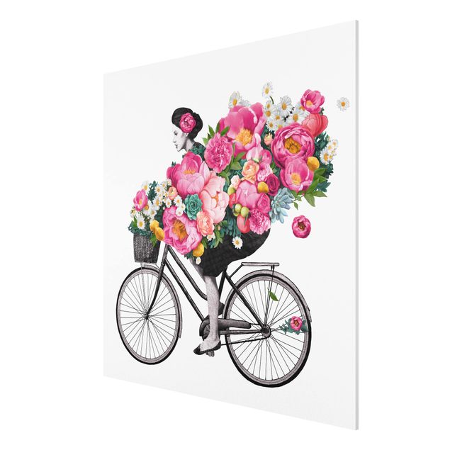 Forex Fine Art Print - Illustration Frau auf Fahrrad Collage bunte Blumen - Quadrat 1:1