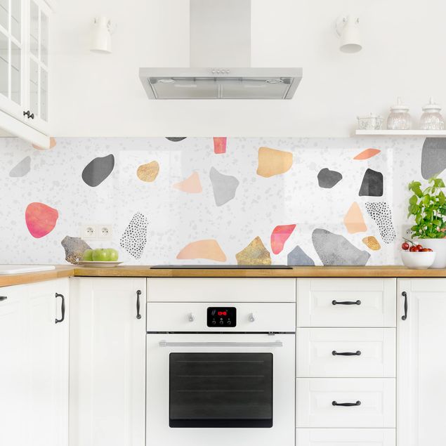 Küchenrückwand abstrakt Weißer Terrazzo mit Goldsteinchen