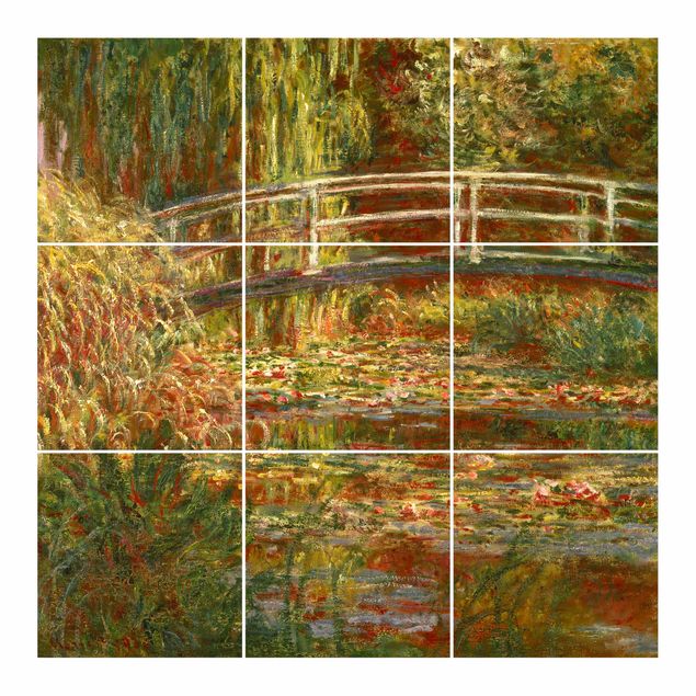 Fliesenbild - Claude Monet - Seerosenteich und japanische Brücke (Harmonie in rosa) - Fliesensticker Set quadratisch