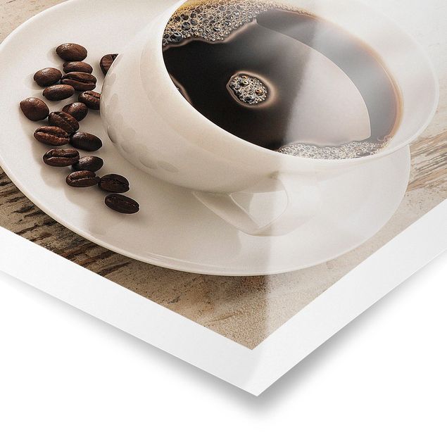 Poster - Dampfende Kaffeetasse mit Kaffeebohnen - Querformat 2:3