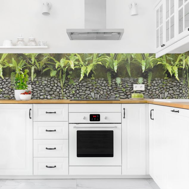 Küchenrückwand Steinoptik Steinwand mit Pflanzen