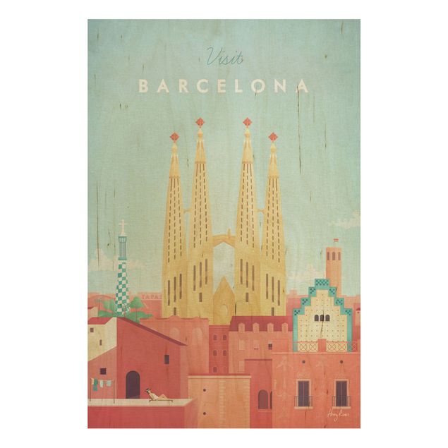 Holzbilder modern Reiseposter - Barcelona