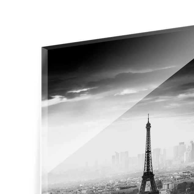 Glas Spritzschutz - Der Eiffelturm von Oben schwarz-weiß - Querformat - 4:3