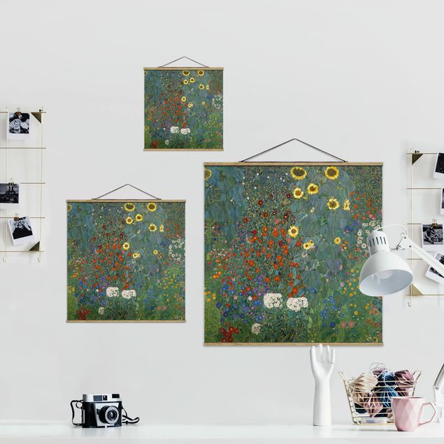 Stoffbild mit Posterleisten - Gustav Klimt - Garten Sonnenblumen - Quadrat 1:1