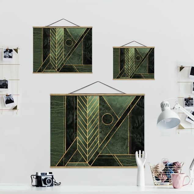 Stoffbild mit Posterleisten - Elisabeth Fredriksson - Geometrische Formen Smaragd Gold - Querformat 4:3