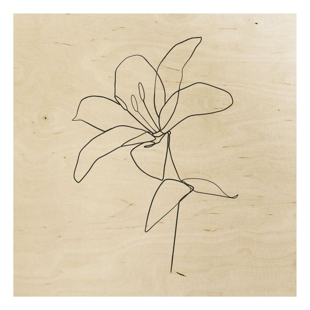 Holzbild - Line Art Blüte Schwarz Weiß - Quadrat 1:1