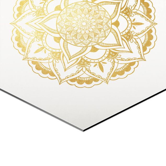 Hexagon Bild Alu-Dibond 3-teilig - Mandala Blüte Sonne Illustration Set Gold