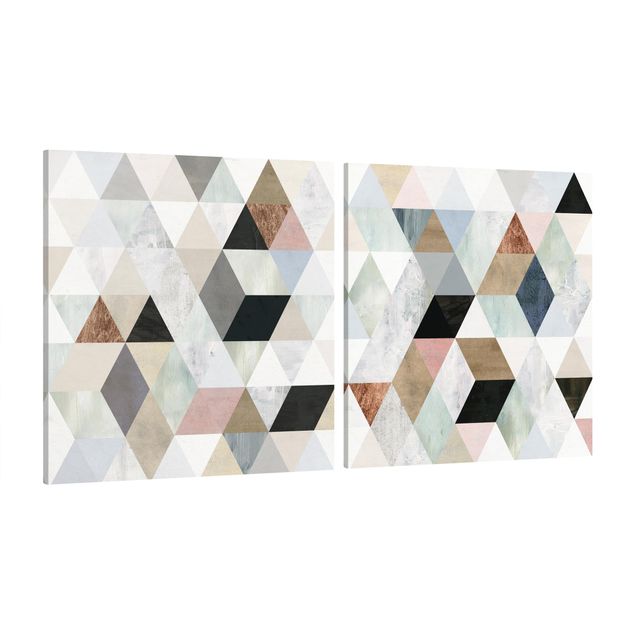 Moderne Leinwandbilder Wohnzimmer Aquarell-Mosaik mit Dreiecken Set I