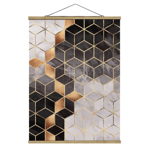 Stoffbilder mit Holzleisten Schwarz Weiß goldene Geometrie