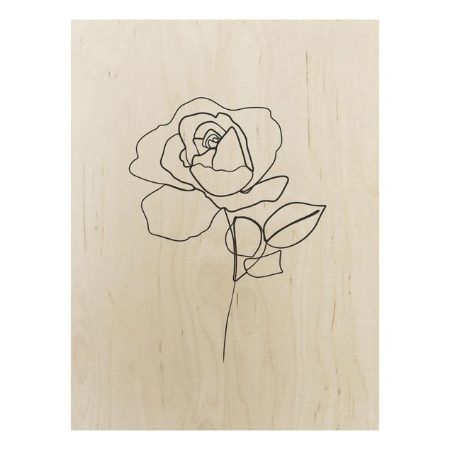 Moderne Holzbilder Line Art Rose Schwarz Weiß