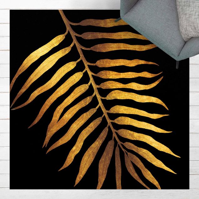 Outdoor Teppich Gold - Palmenblatt II auf Schwarz