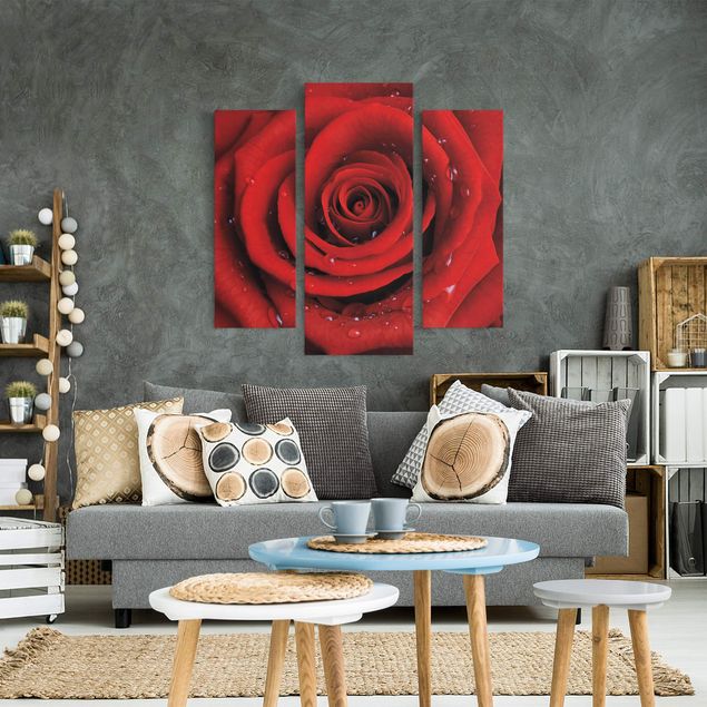 Leinwandbilder Blumen Rote Rose mit Wassertropfen