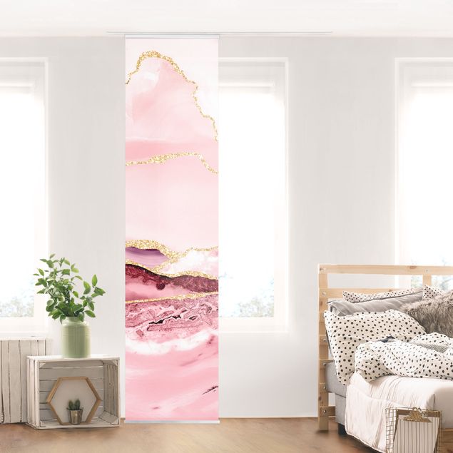 Schiebegardinen Set - Abstrakte Berge Rosa mit Goldene Linien - 6 Flächenvorhänge