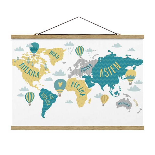 Stoffbild mit Posterleisten - Weltkarte mit Heißluftballon - Querformat 3:2