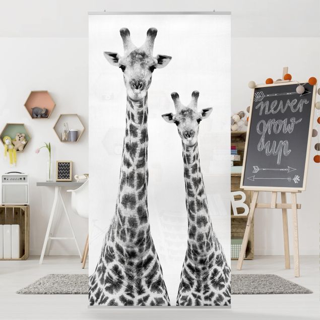 Raumteiler - Portrait zweier Giraffen in Schwarz Weiß 250x120cm