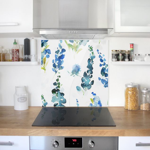 Küchenrückwand Glas Muster Blumenpracht in Blau