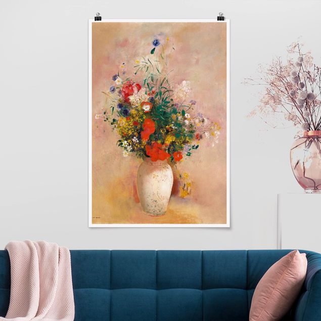 Kunstkopie Poster Odilon Redon - Vase mit Blumen (rosenfarbener Hintergrund)