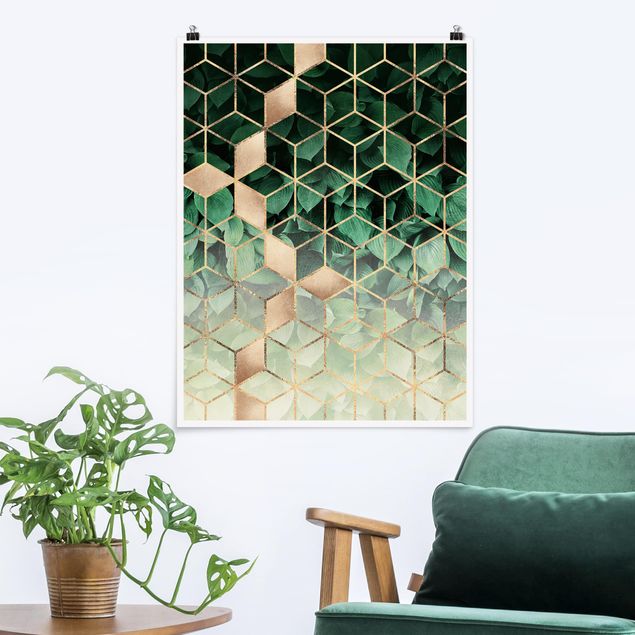 Poster - Grüne Blätter goldene Geometrie - Hochformat 4:3