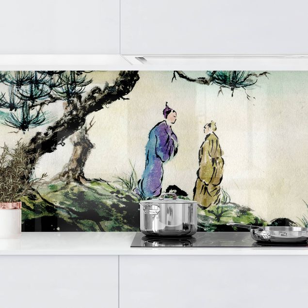 Küchenrückwände Platte Japanische Aquarell Zeichnung Kiefer und Bergdorf