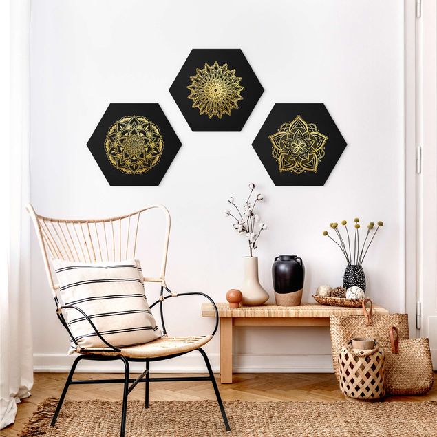 Wandbilder Mandala Blüte Sonne Illustration Set Schwarz Gold