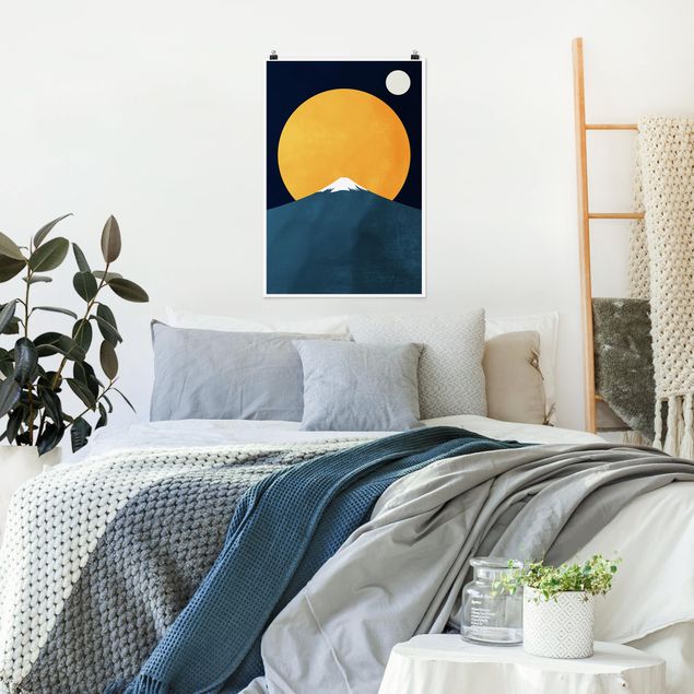 Poster Landschaft Sonne, Mond und Berge