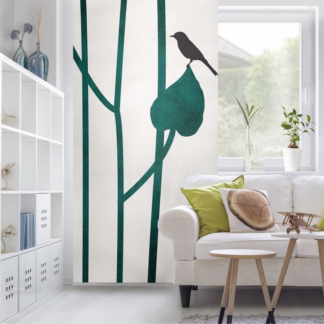 Vorhang Raumteiler Grafische Pflanzenwelt - Vogel auf Blatt